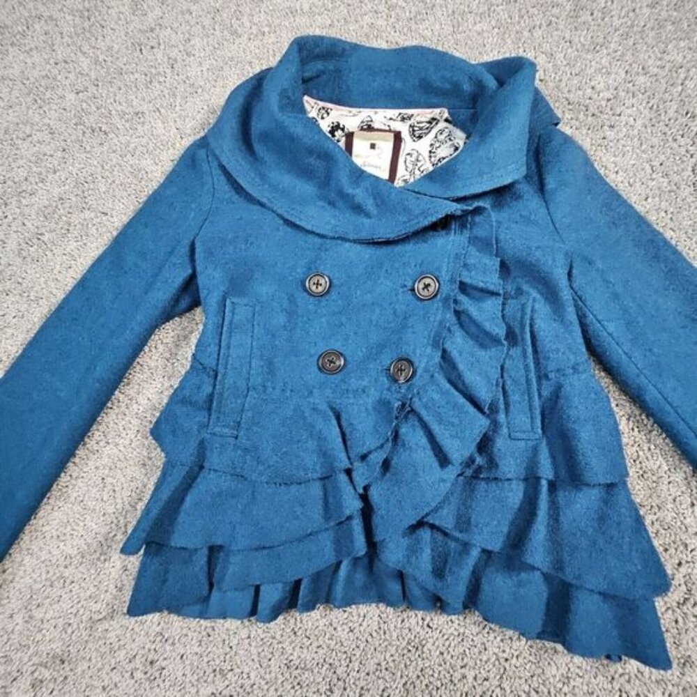 Elevenses Anthropologie Peacoat Womens 4 Wool Blend Ruffled Button Coat Boho
